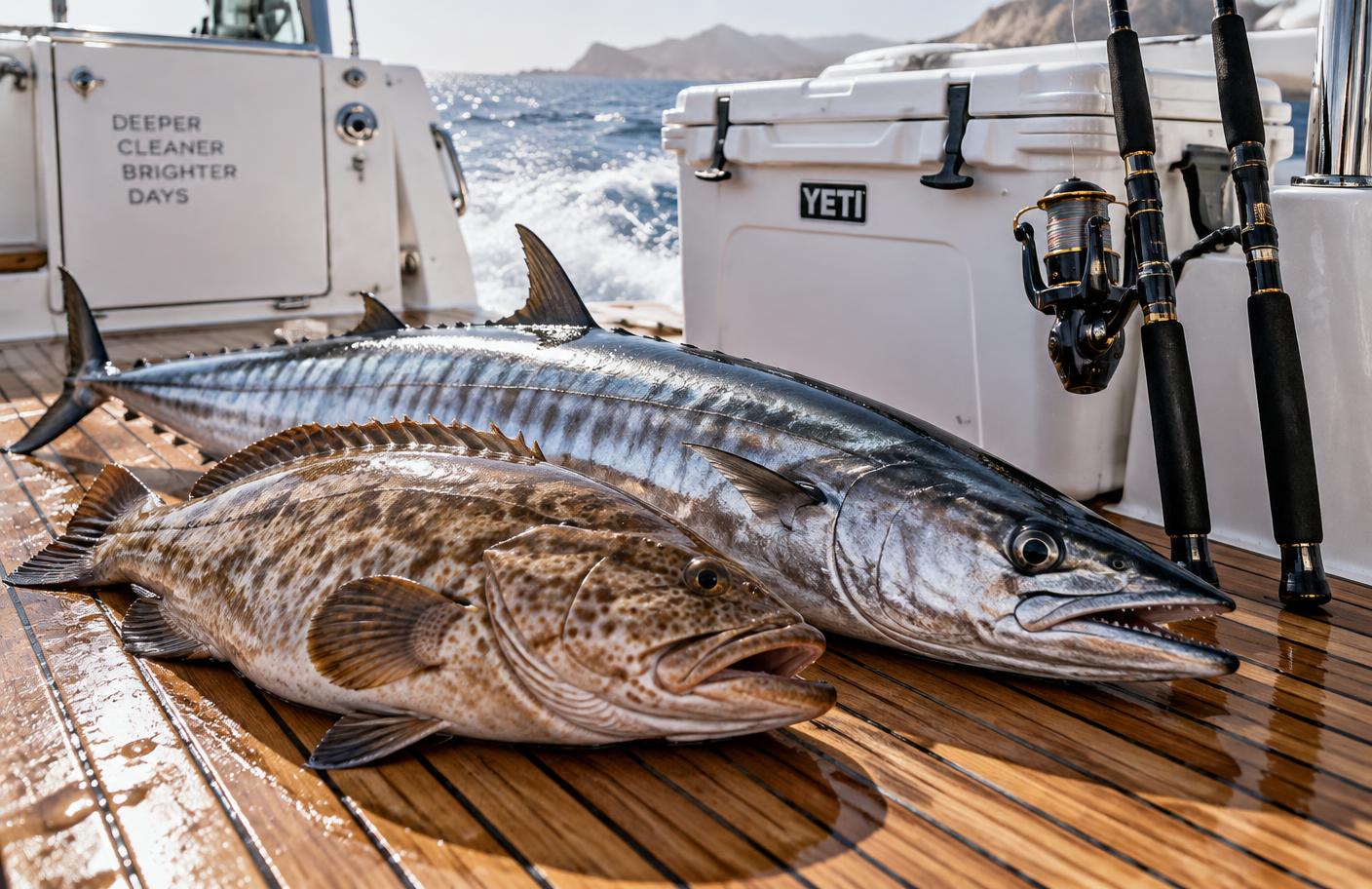 Fresh kingfish and hamour on the deck of a fishing charter returning to Dubai Marina