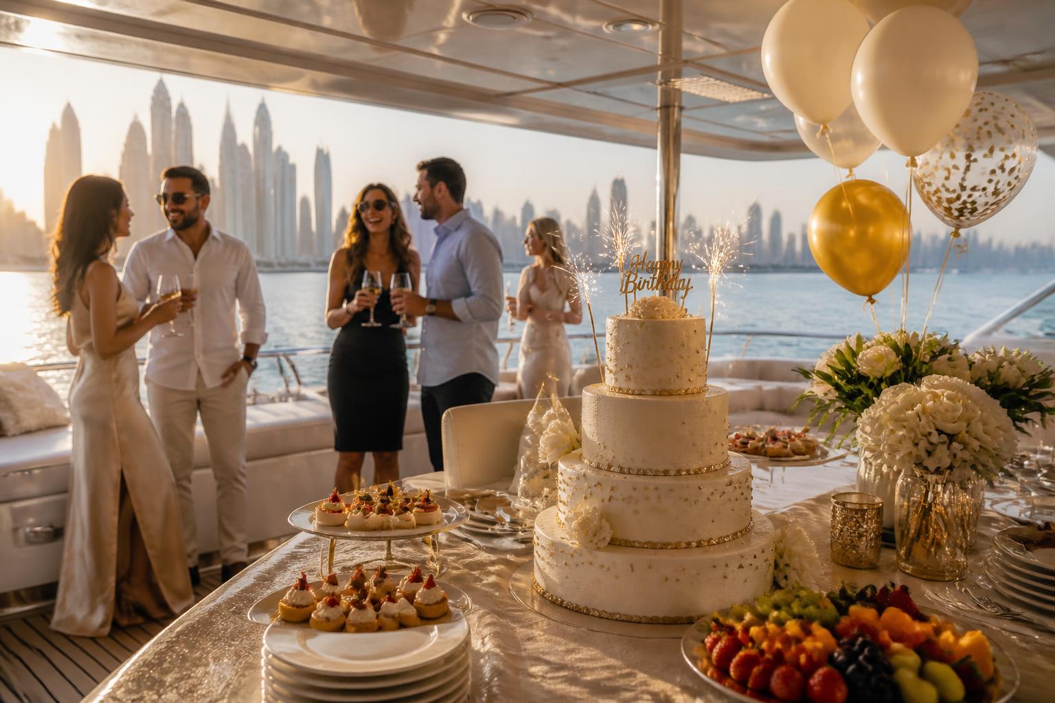 A birthday cake and canapés set up on the aft deck of a luxury yacht in Dubai Marina at sunset