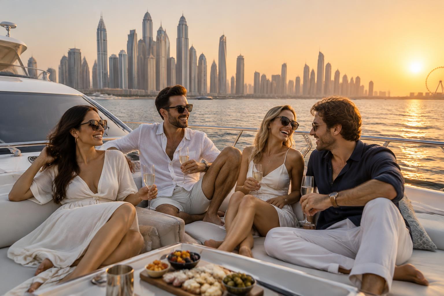 Friends enjoying drinks on the bow of a luxury boat at sunset in Dubai Marina