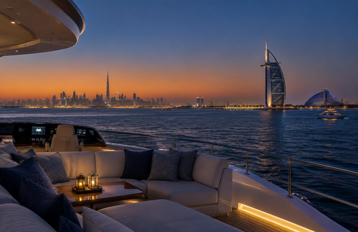 Twilight view from a yacht deck towards the Dubai skyline with city lights coming on