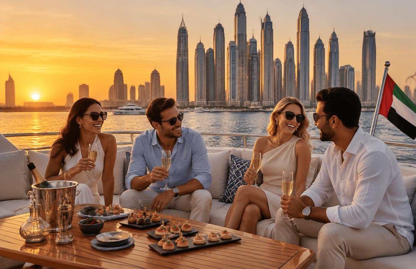 Guests enjoying champagne and canapes on the aft deck of a yacht as the sun sets behind Dubai Marina