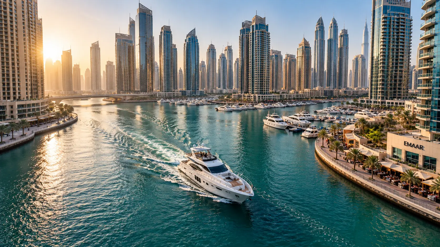 Aerial view of luxury yachts in Dubai Marina