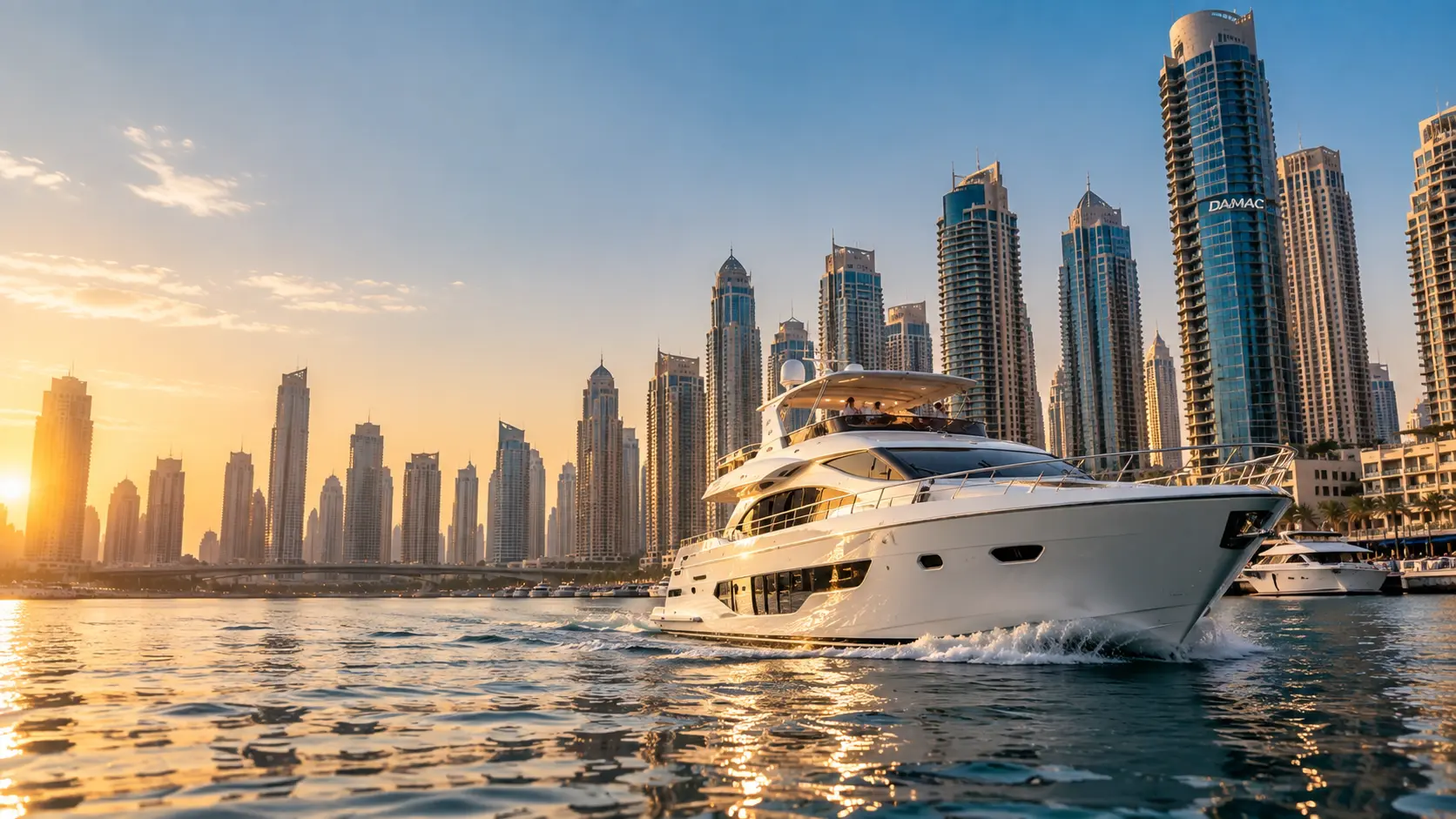 Luxury yacht cruising Dubai Marina in golden daylight