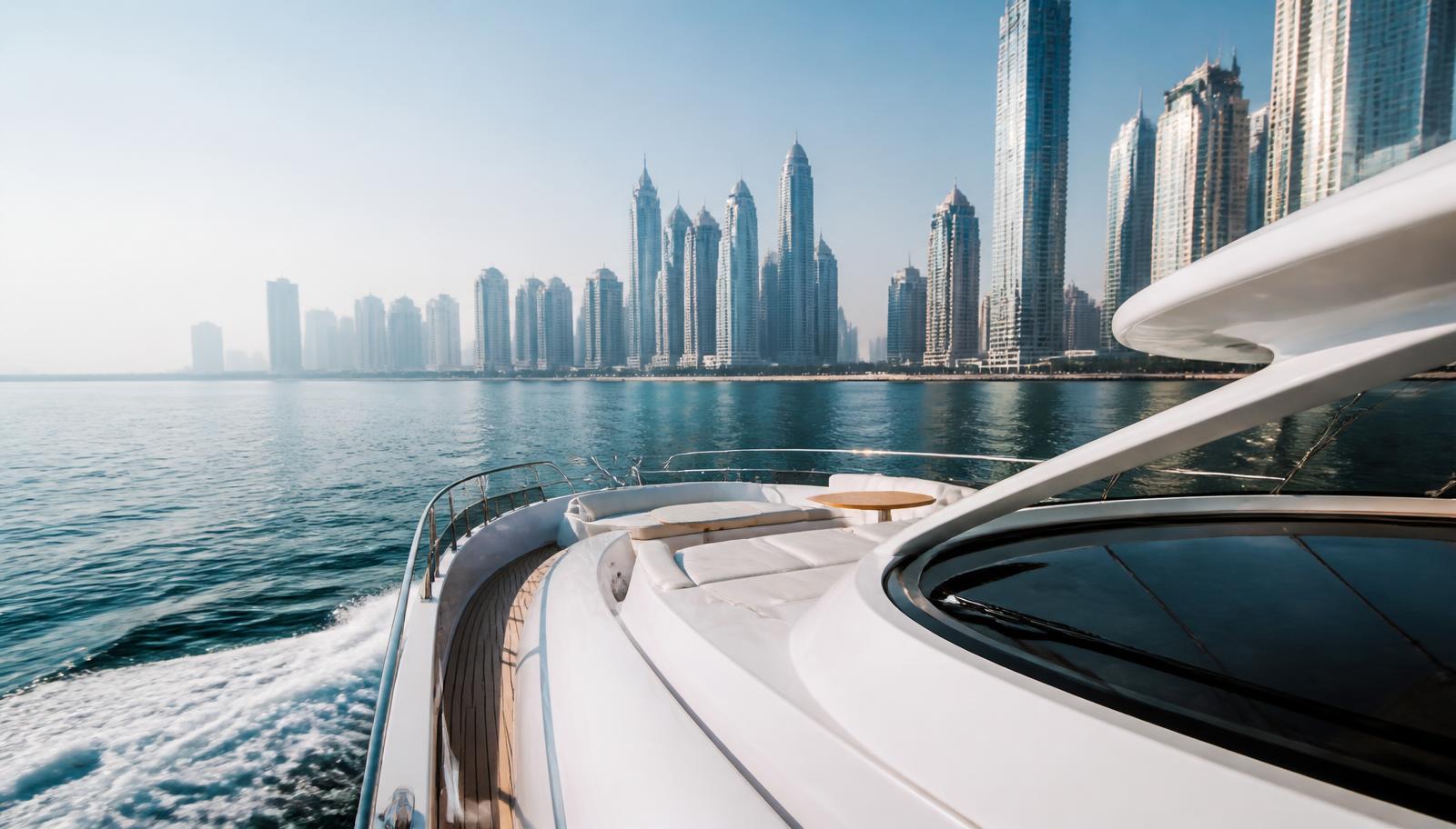 Yacht cruising past Dubai Marina towers
