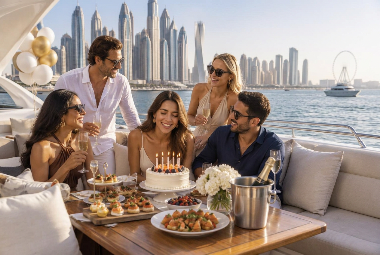 Friends celebrating a birthday with cake and canapes aboard a yacht in Dubai Marina