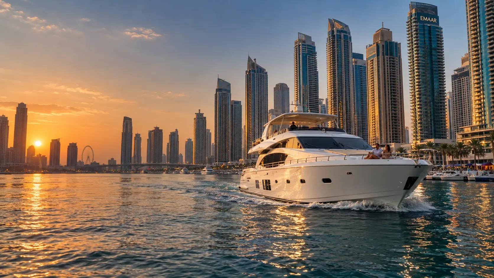 Luxury yacht cruising Dubai Marina at sunset