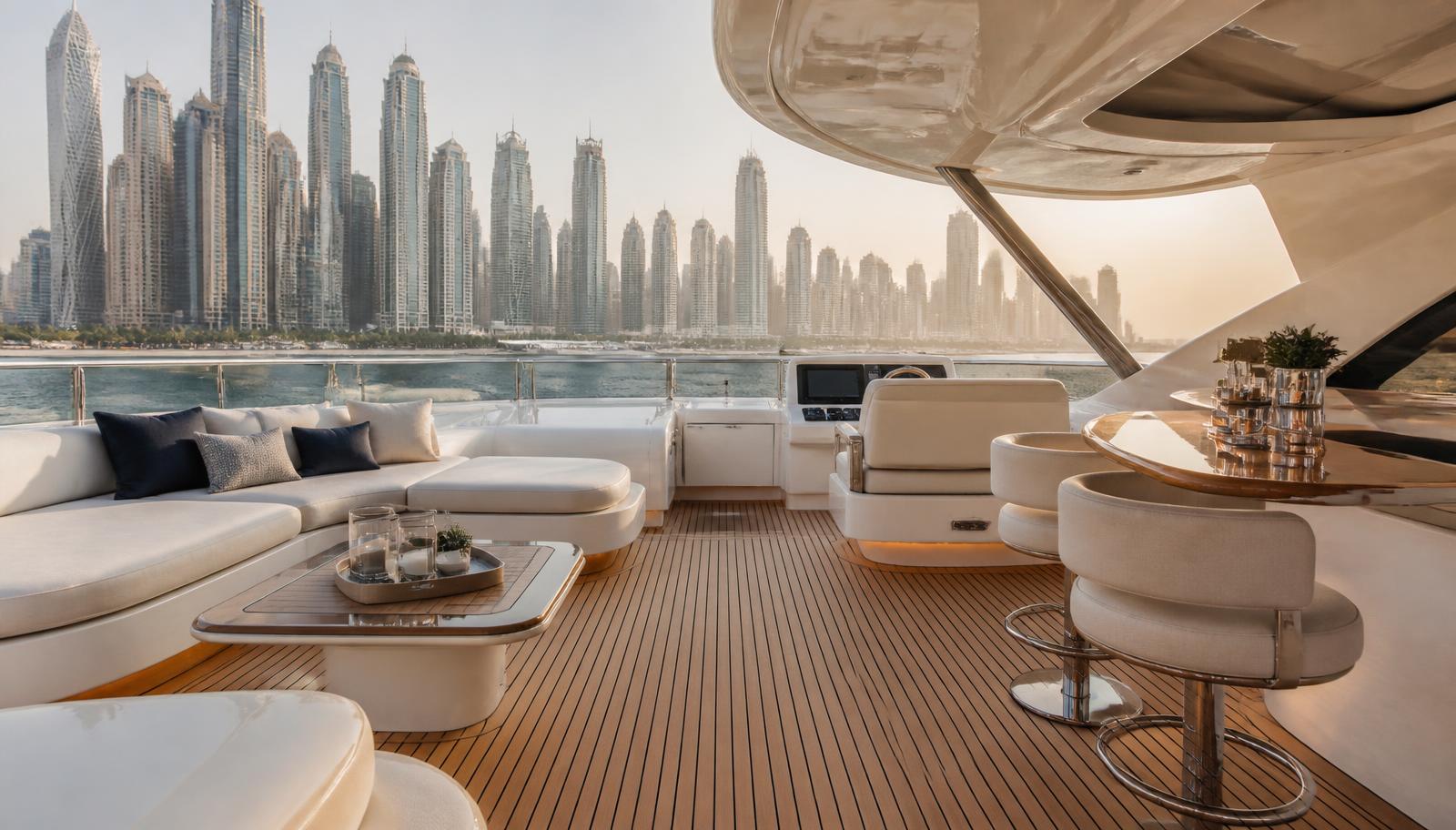 Luxury yacht deck lounge with Dubai Marina skyline