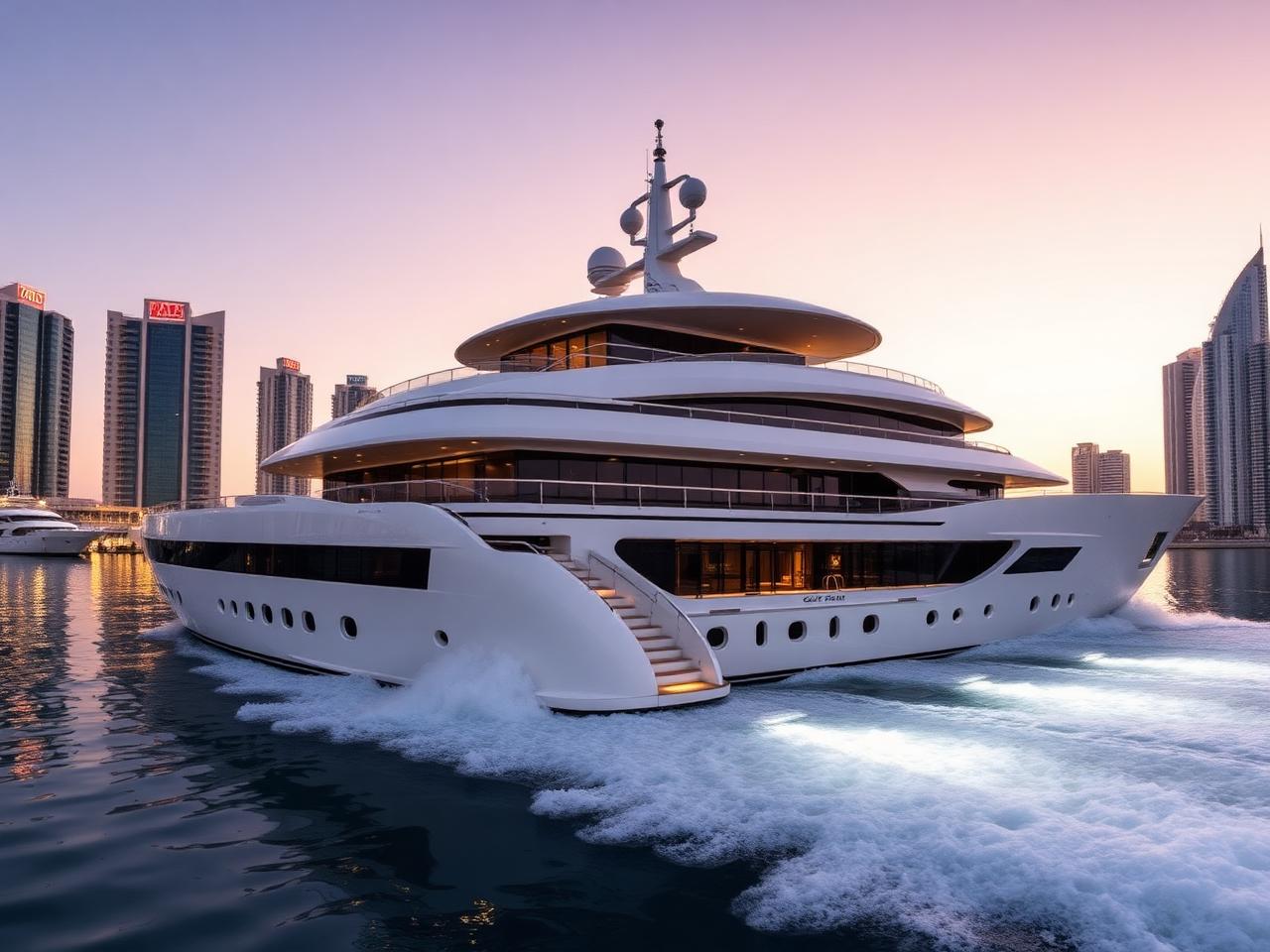 Crown 90ft party yacht cruising past Dubai Marina towers