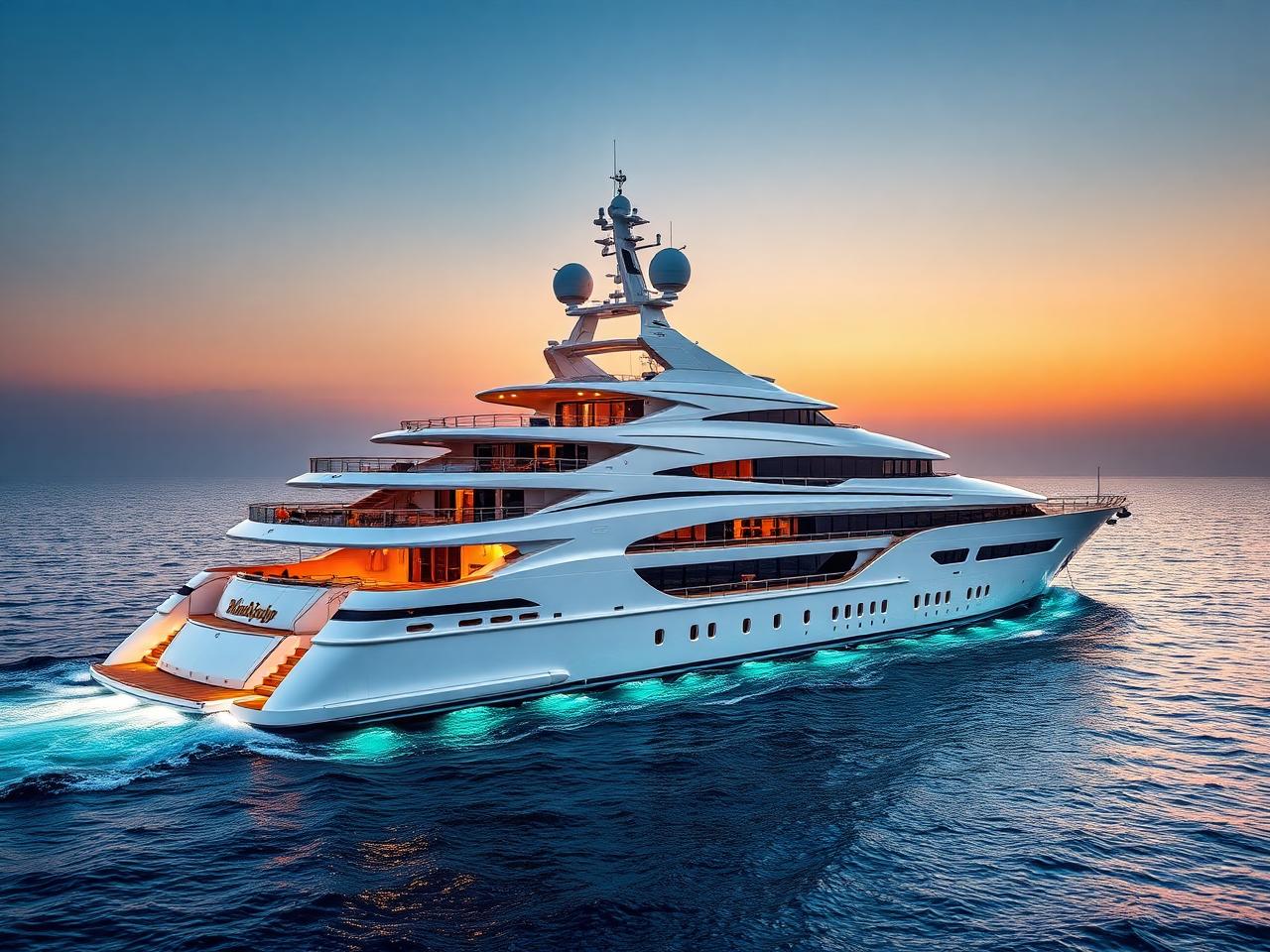 120ft luxury mega yacht lit up for a night charter in Dubai