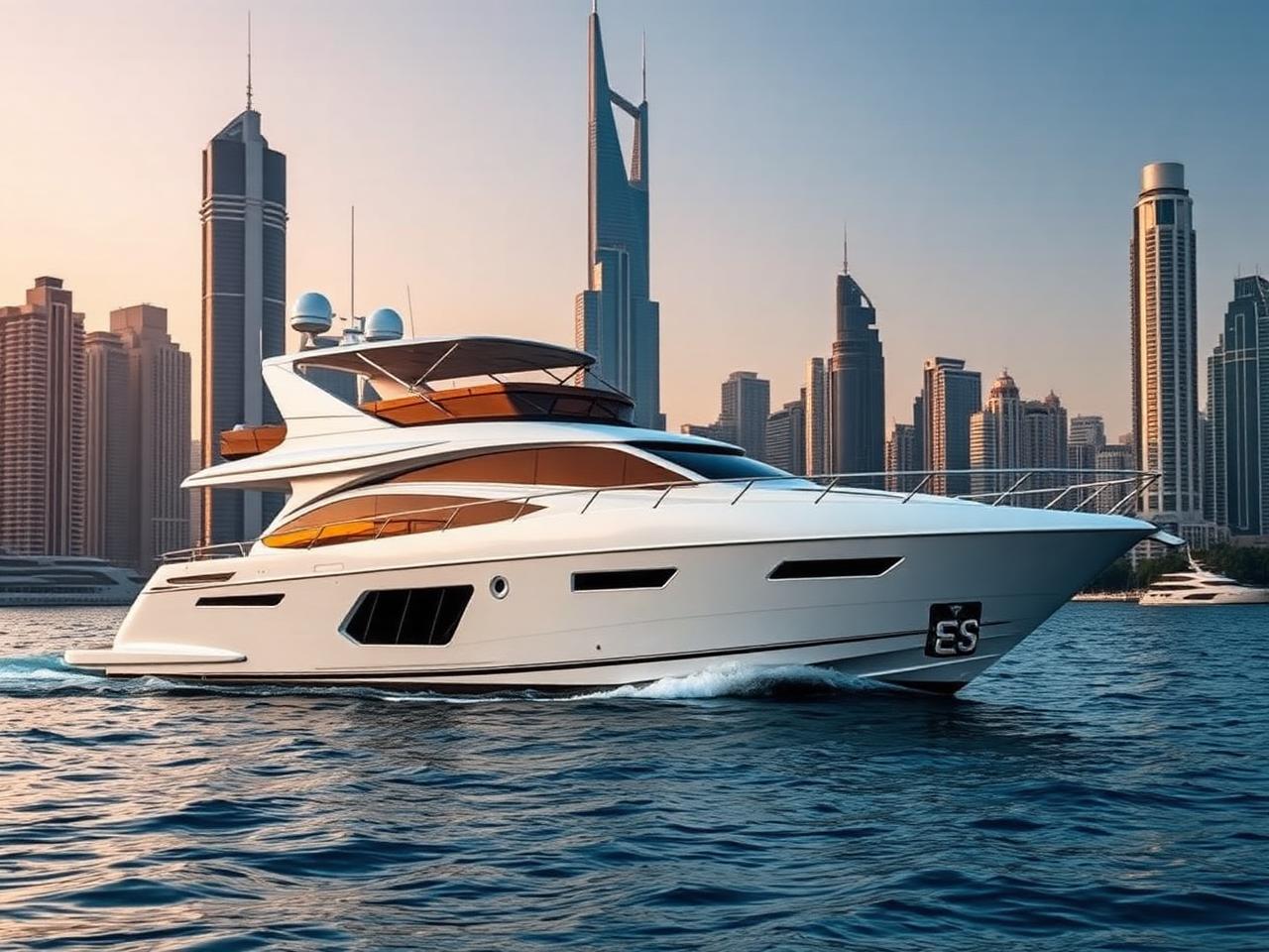 Opal 70ft yacht cruising Dubai Marina at golden hour