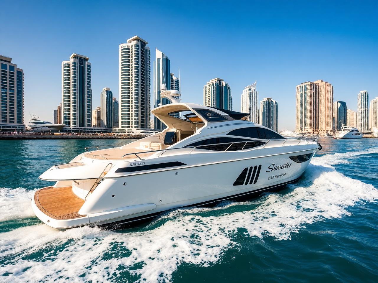 Sapphire 62ft yacht cruising past Dubai Marina at sunset